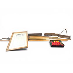 E J Riley billiard rules, together with Super Crystalate snooker balls, cue racks and a qu...