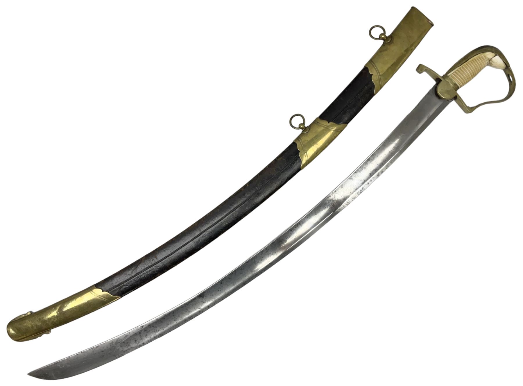 British pattern 1796 Light Cavalry Officer's sword, the 83.5cm curving steel blade marked 'W. Parker London' and 'Warranted' verso, brass stirrup hilt with half-round langets, knucklebow and backstrap with ribbed ivory grip; in brass mounted leather covered scabbard with two suspension rings L97cm overall. This item has been registered for sale under Section 10 of the APHA Ivory Act 
