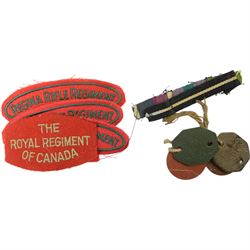 Large collection of militaria items, including RAF dog tags, The Royal Grenadiers belt buckle, Royal Regiment of Canada swagger stick, insignias including marksman badge etc