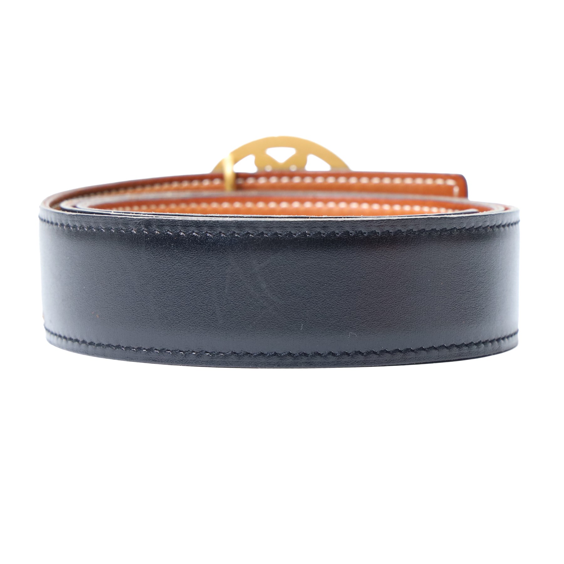Hermès - reversible black and tan leather belt, with large gilt-metal circular openwork H monogram buckle, size 80, with buckle dust bag and belt dust bag