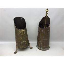 Pair or brass and copper fire dogs with gadrooned finials and scrolled supports, brass jardiniere and another similar and two coal scuttles