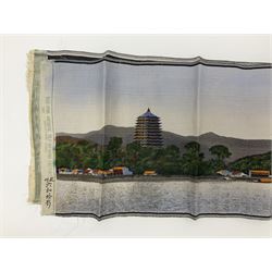 Chinese woven silk pictures, marked Kuo Hwa Silk Weaving Factory, Hanchow, China, circa 1937, depicting a city by the waters edge, together with a similar silk picture, L31cm 