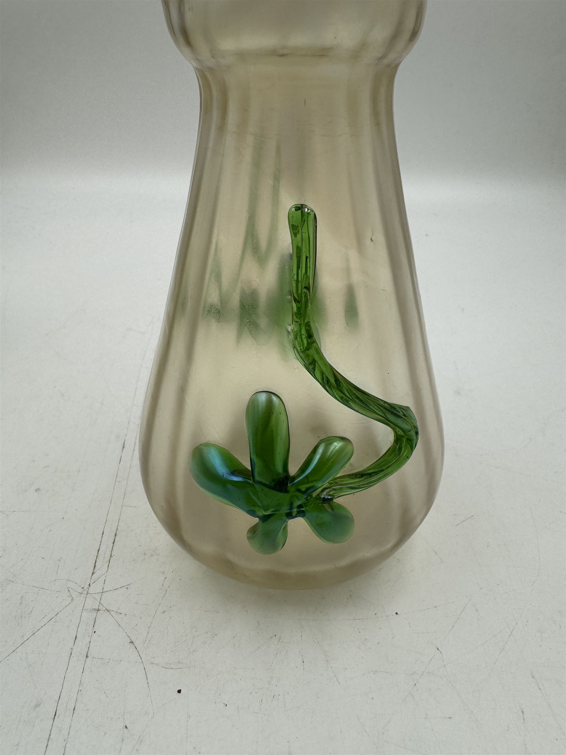 Three Austrian Art Nouveau iridescent glass vases, including a Kralik example of tapering form, with pearlescent lustre body and applied green flower decoration, tallest H18cm