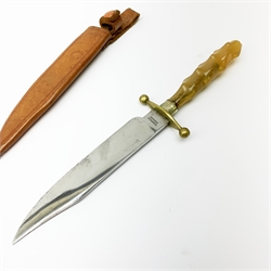 1950's Bowie knife by Fagan of Sheffield, 15.5cm etched blade, brass hilt with pressed horn grip overall 27cm, with leather sheath 
