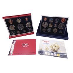 Two The Royal Mint United Kingdom proof sets, 2001 and 2005, both cased with certificates 