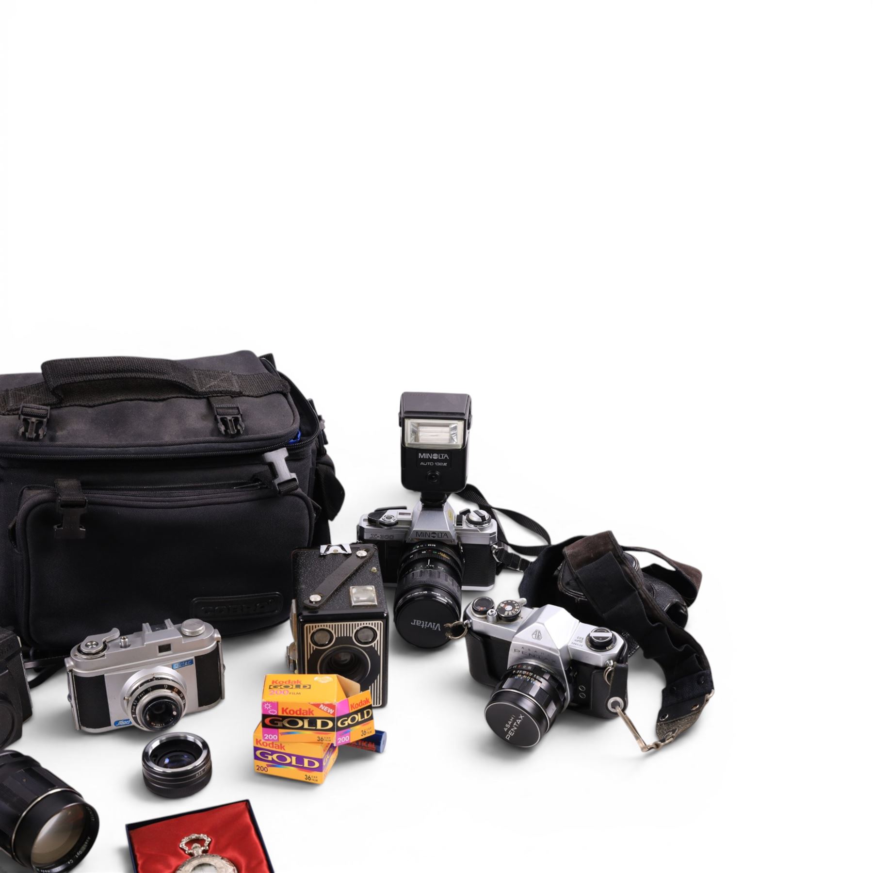 Collection of cameras, including Minolta X300 with a Vivitar 28-80mm lens, Asahi Pentax SP500, Kodak Retinette etc, together with a pocket watch and gold plated coin pendant