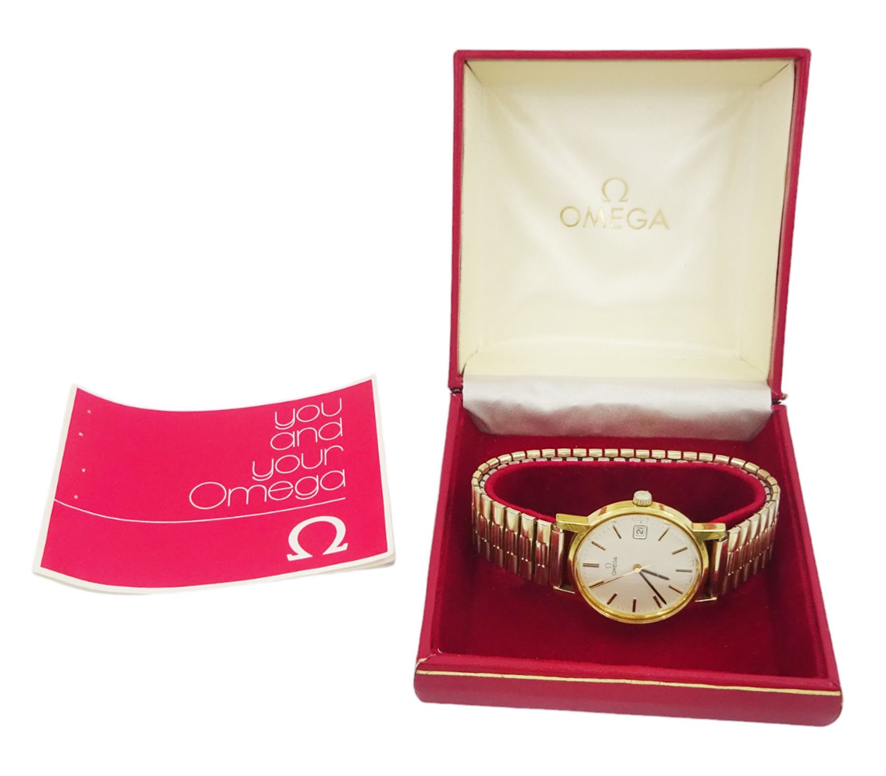 Omega gentleman's gold-plated and stainless steel manual wind wristwatch, Ref. 136.0104, Cal. 1030, silvered dial with baton hour markers and date aperture, on expanding gilt strap, boxed