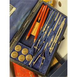 Platignum Elite fountain pen, boxed, other boxed pens, and a collection of drawing instruments and slide rules, including Rabone examples