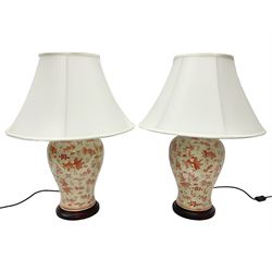 Pair of table lamps of baluster form, decorated with goldfish among seaweed, upon a mottled ground, with shade H68cm