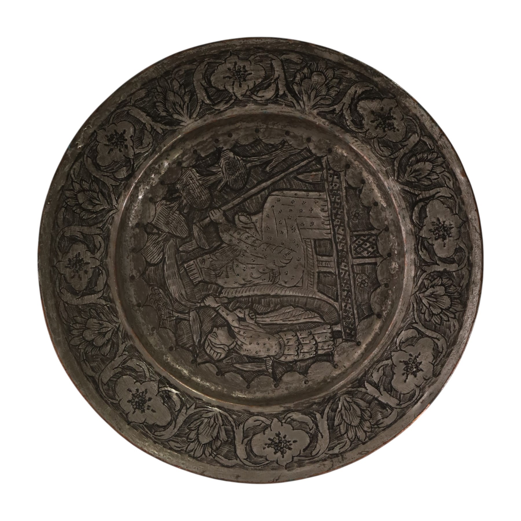 Set of four Persian silvered copper plates, decorated in relief, the central panel depicting figures in various scenes with a floral boarder, D17cm