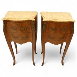 Pair of Louis XV style kingwood and marquetry bedside cabinets, the serpentine sienna marble top above two bombe fronted drawers with rococo style bronze handles and masks on slender cabriole legs terminating in bronze sabots  