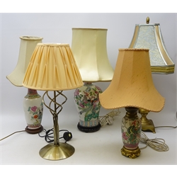  Chinese Famille verte baluster table lamp on hardwood stand, H34cm excluding shade, two other similar table lamps, bronze finish table lamp with shade, H73cm and a similar table lamp (5)  