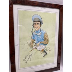 Enamel Horse racing members badges, together with three framed signed racing characters jockey prints, including Steve Smith Eccles, Willie Shoemaker and Greville Starkey, and one other print