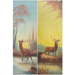 English School (Early 20th century): Highland Stags, pair oils on board unsigned 69cm x 22cm (2)
