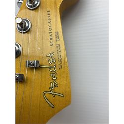 Fender Stratocaster copy electric guitar with natural two-piece ash body, Wilkinson fittings and synchronised tremolo; various patent numbers, L98cm