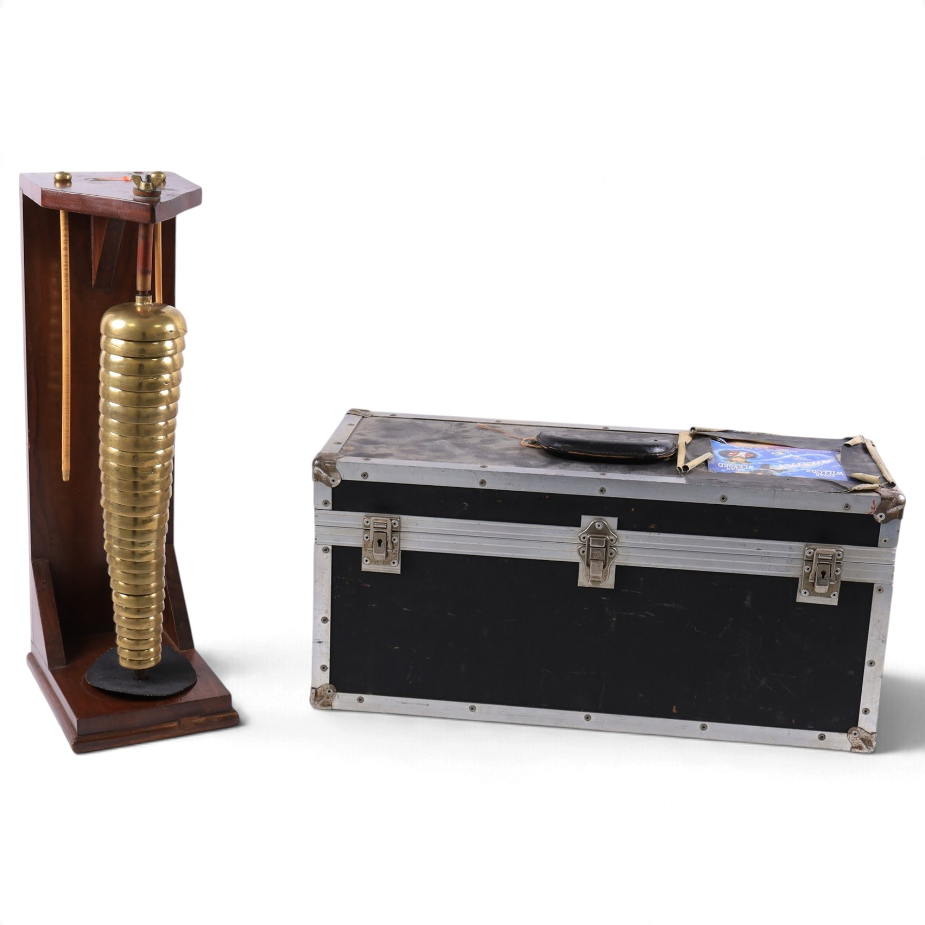 Carroll Sound Inc., New York brass bell tree, comprising twenty-seven graduating stacked bells on a wooden frame, with two beaters, in fitted travelling case, H54cm