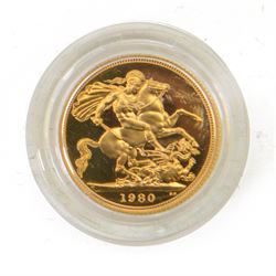 Queen Elizabeth II 1980 gold proof full sovereign coin, cased with certificate