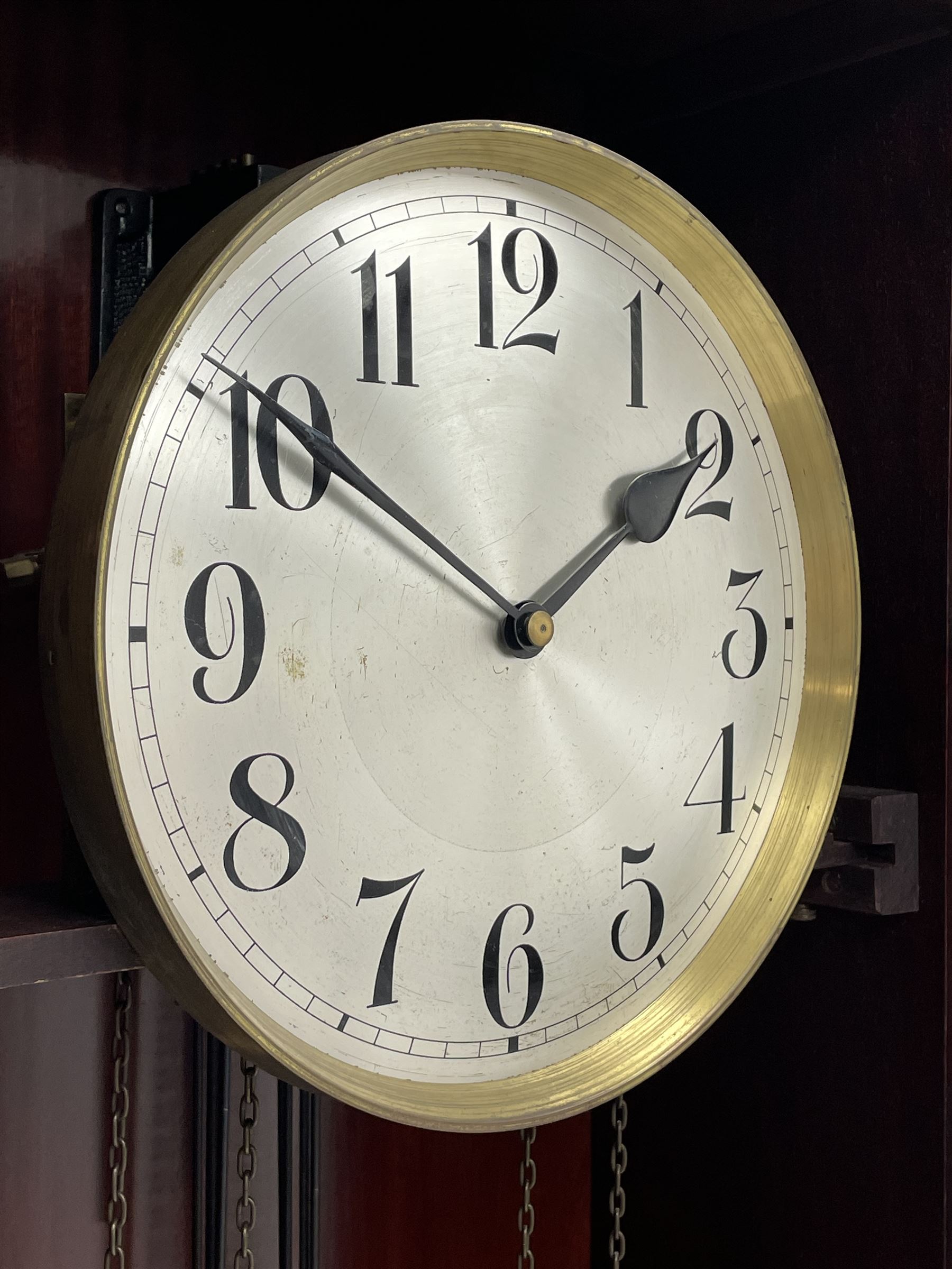 Early 20th century mahogany longcase clock, circular silvered Arabic dial, triple brass weight driven movement striking on rods