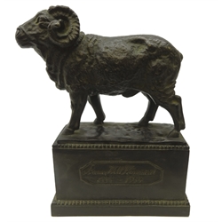  Early 20th century German bronze model of a Ram, commemorating the 50th anniversary of Bremer Woll-KGerman wool manufacturer, signed O. V. Hugo, H27cm x W19cm   