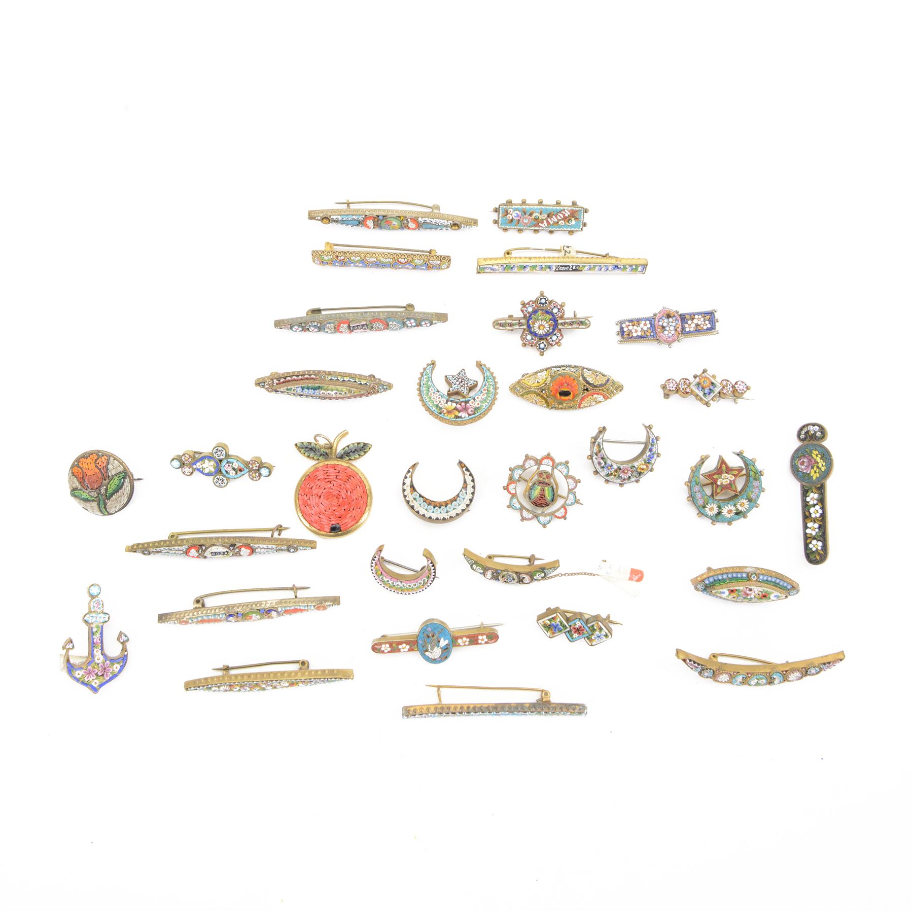 Thirty micro mosaic brooches including four Roma examples, in various shapes including crescents 