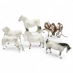 Beswick grey horses comprising Connemara, Shire, two with tucked head 1549, first versions...