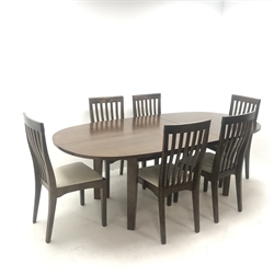 Laura Ashley oval extending hardwood dining table with leaf, square tapering supports (W226cm, H77cm, D115cm) and six high back chairs, upholstered seats, square tapering supports (W49cm)