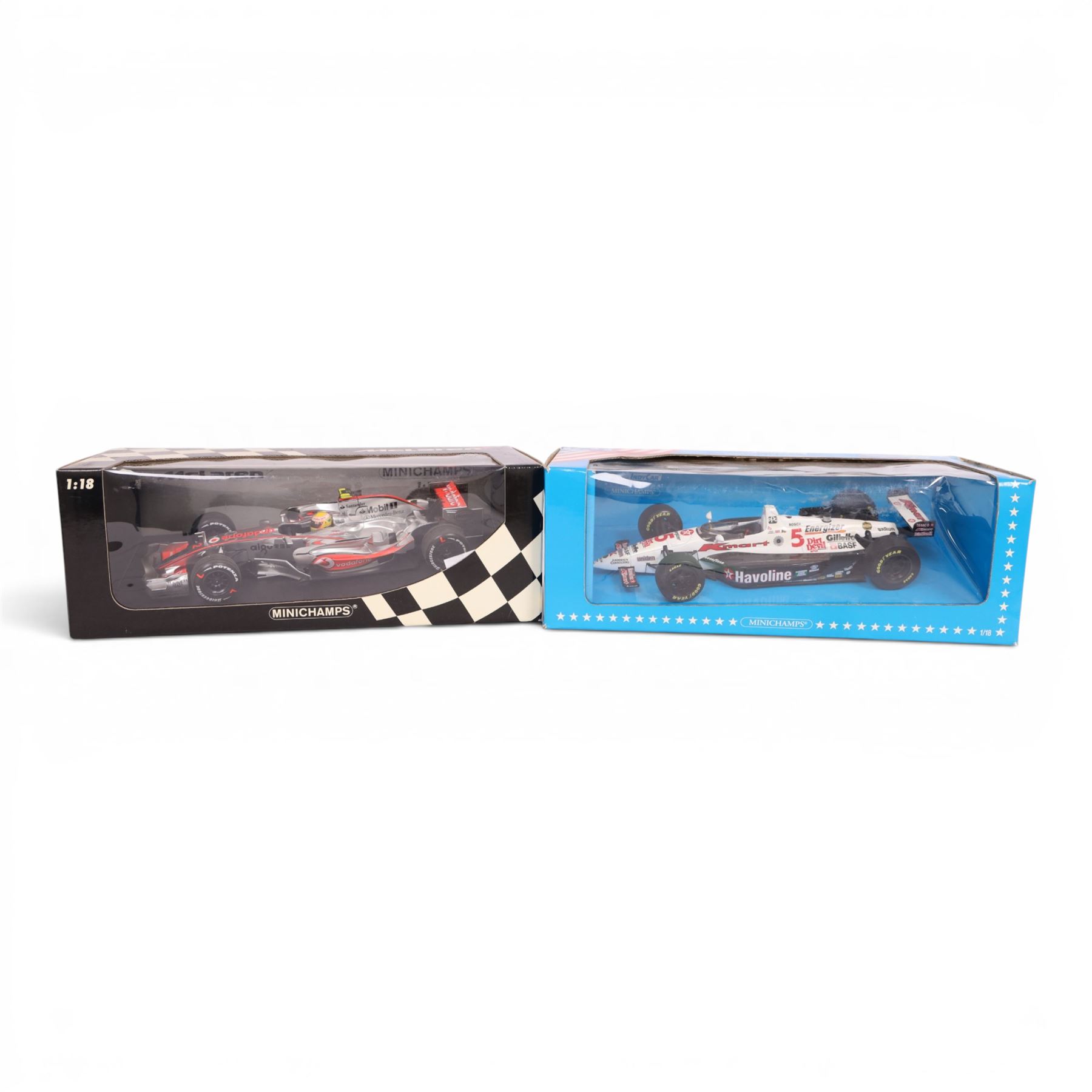 Minichamps limited edition 1:18 Vodaphone McLaren Mercedes MP4-22 L. Hamilton 1st Win - Canada GP 2007 #2 car, together with Minichamps Indy Car Collection 1:18 Lola Ford Team Newman-Haas #5 car no. 520931805, both boxed (2)