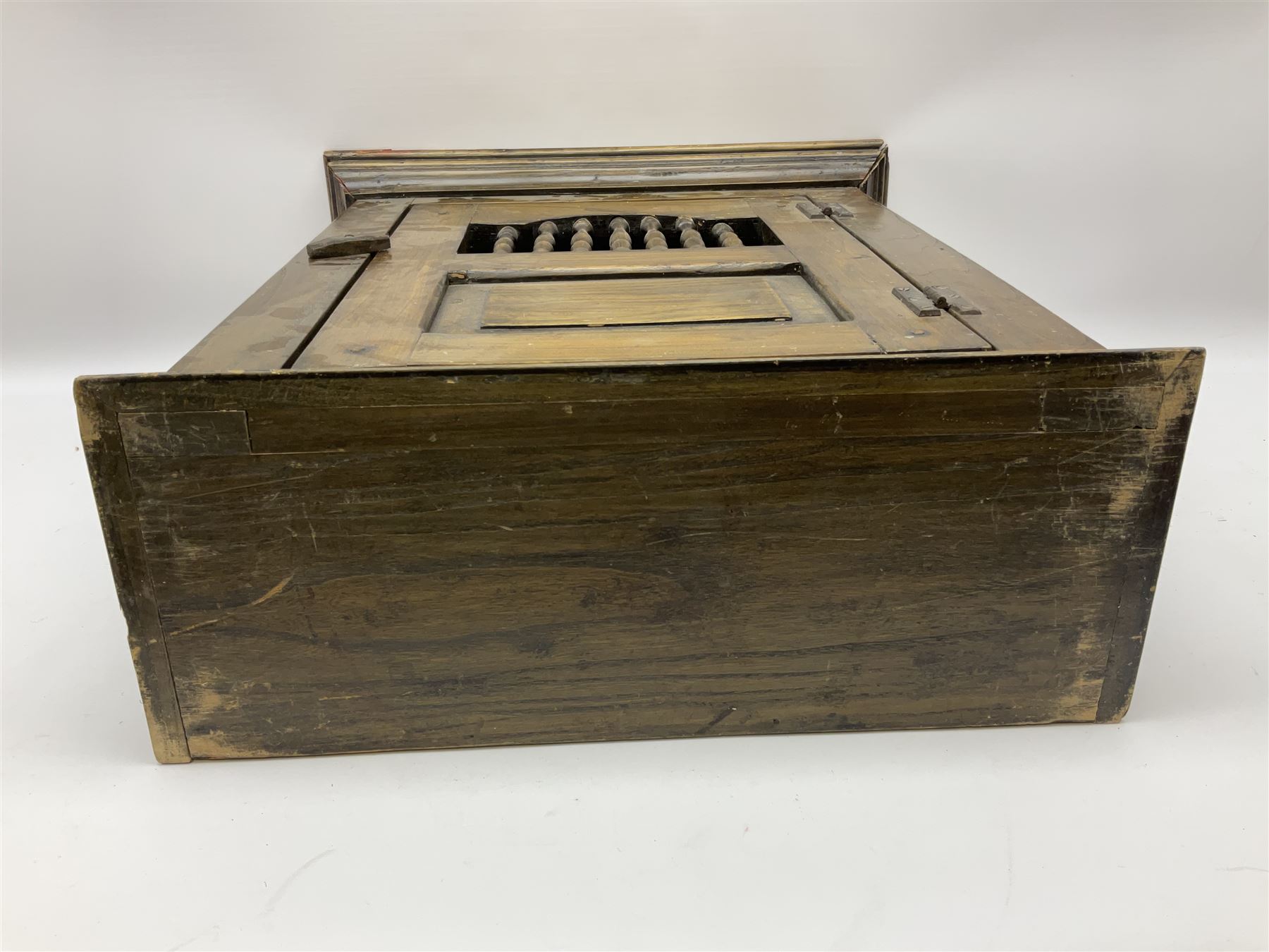 Oak dole cupboard / food hutch, the hinged panelled door with turned spindles enclosing a single shelf interior, H52cm D17cm W46cm