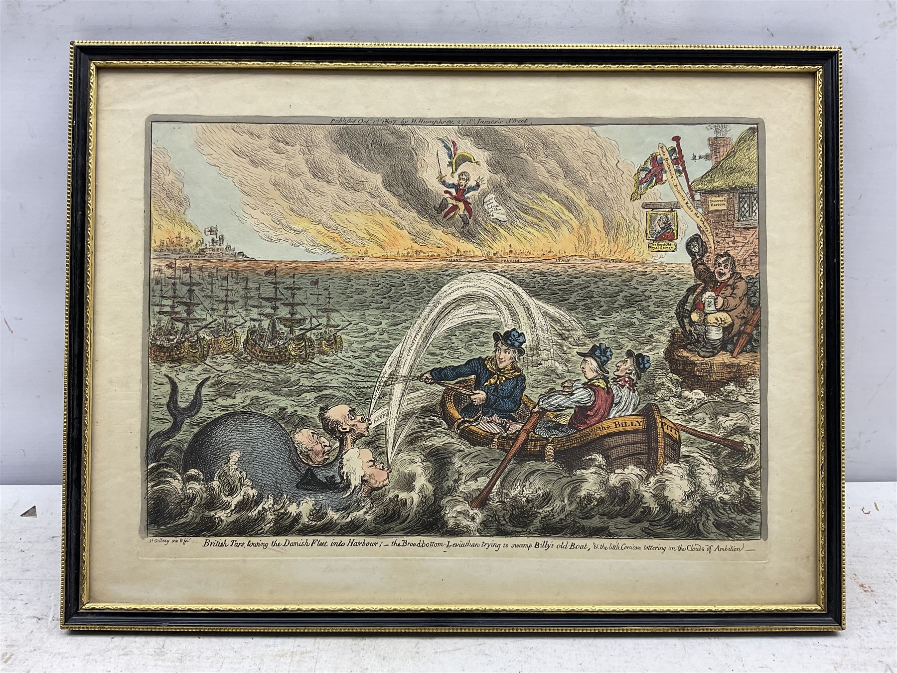 James Gillray (British 1756-1815): 'British Tars Towing the Danish Fleet into Harbour; the Broad-Bottom Leviathan trying Billy's Old Boat, and the Little Corsican tottering on the Clouds of Ambition', early 19th century etching with hand-colour pub. Hannah Humphrey, London, 1st October 1807, 25cm x 35cm with full margins