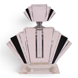 Art Deco style perfume bottle, of faceted form black and clear glass, H23cm