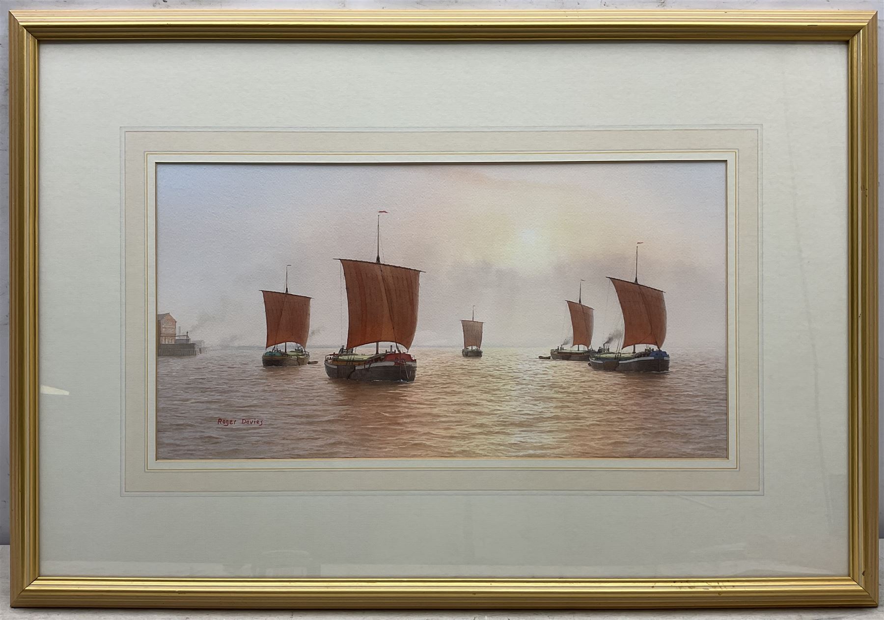 Roger Davies (British 1945-): Humber Keel Boats, watercolour signed 27cm x 53cm 