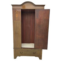 Edwardian inlaid mahogany wardrobe, arched pediment over oval mirror door, drawer to base