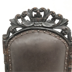 Jacobean style oak library chair, floral carved and pierced cresting rail, upholstered back seat and arms, barley twist supports (W68cm) and a similar oak hall chair, carved cresting rail and supports, upholstered back and seat (W52cm)