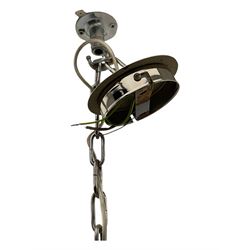 Contemporary black wrought iron six-light chandelier with drip trays and faux candle sleeves; polished chrome six-light chandelier with crystal droplets and cylindrical candleholders (2)