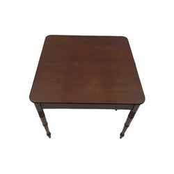 19th century mahogany tea table, fold-over rectangular top with rounded corners, on turned supports, single gate-leg action base 