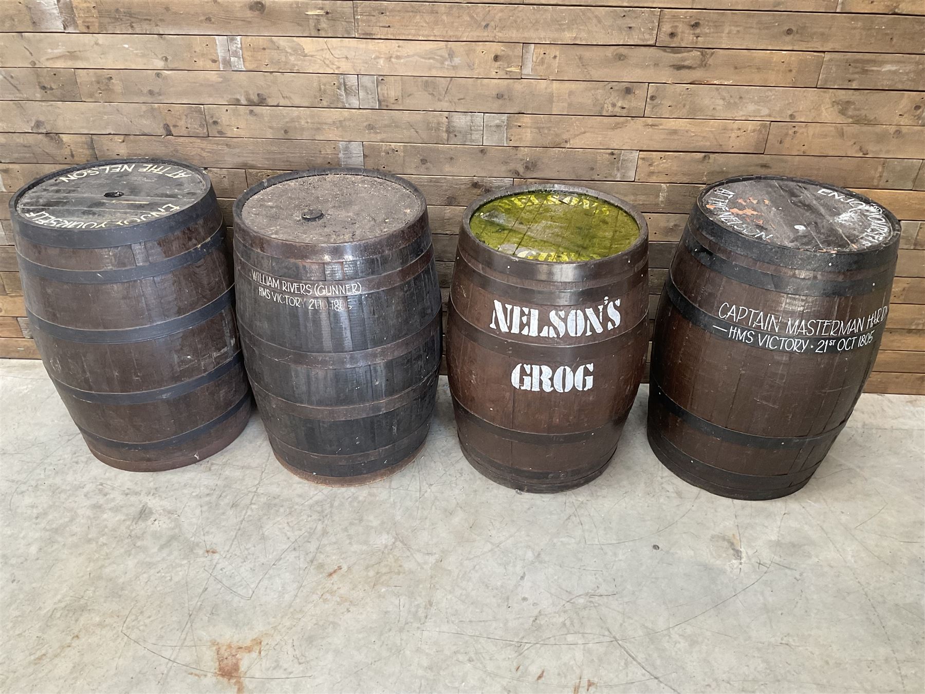 Four coopered barrel pub tables 