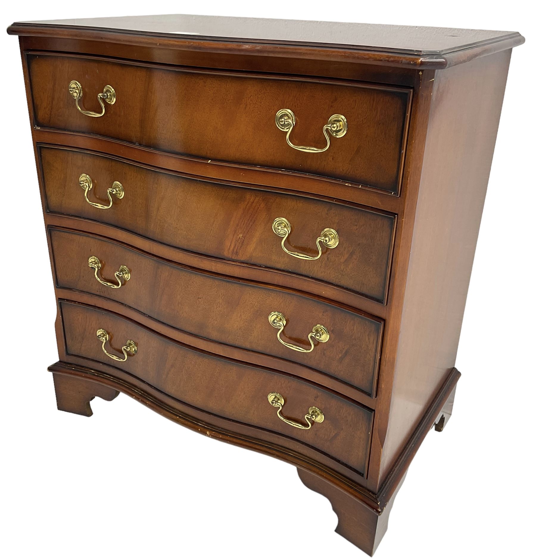 Georgian design mahogany serpentine chest, moulded top over four cock-beaded drawers, on bracket feet