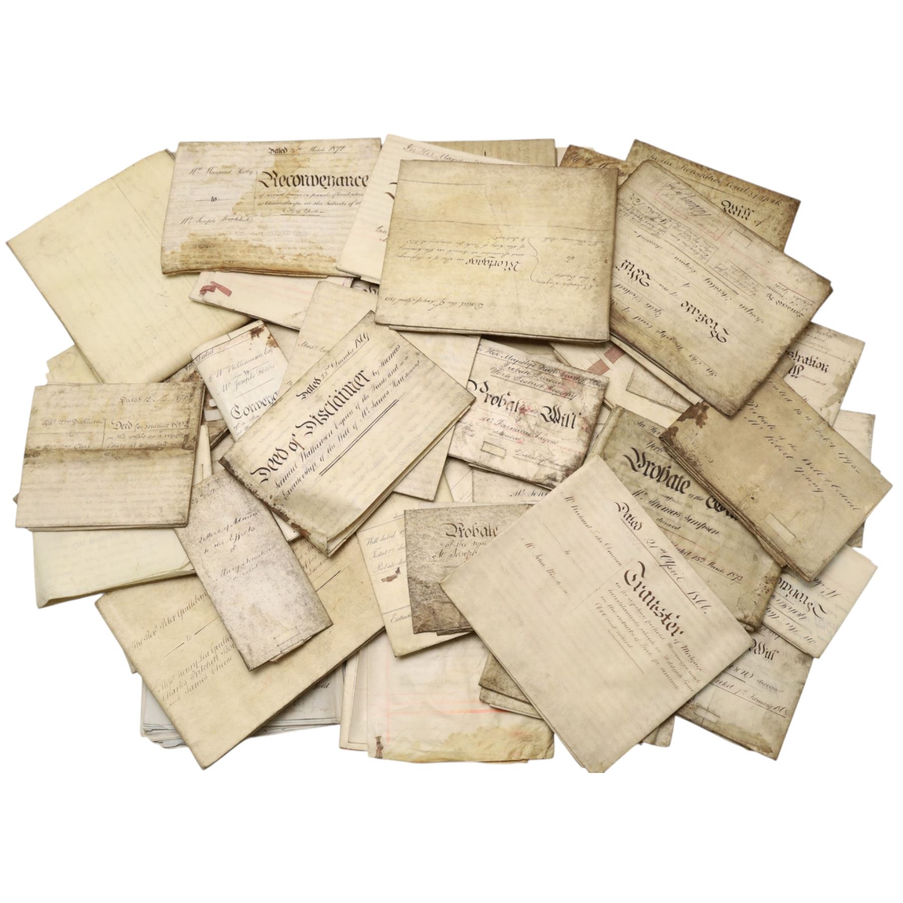 York suburbs interest - extensive collection of 18th century and later vellum indentures, wills, probate documents and property papers charting property ownership and local families in Acomb, Huntington, Earswick, Bishopthorpe, The Mount, Heworth, Heslington and other York suburbs and villages, including documents relating to tradespeople, innkeepers, farmers and householders, many retaining original wax seals, revenue stamps and probate seals, in one box