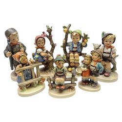 Seven Goebel Hummel figures, comprising Chimney Sweep 12/I, Apple Tree Girl 14/I, Apple Tree Boy,  Little Goat Herder 200/I, Surprise 94 3/0, Signs of Spring 203/20 and Wayside Harmony 111/30, tallest H15cm