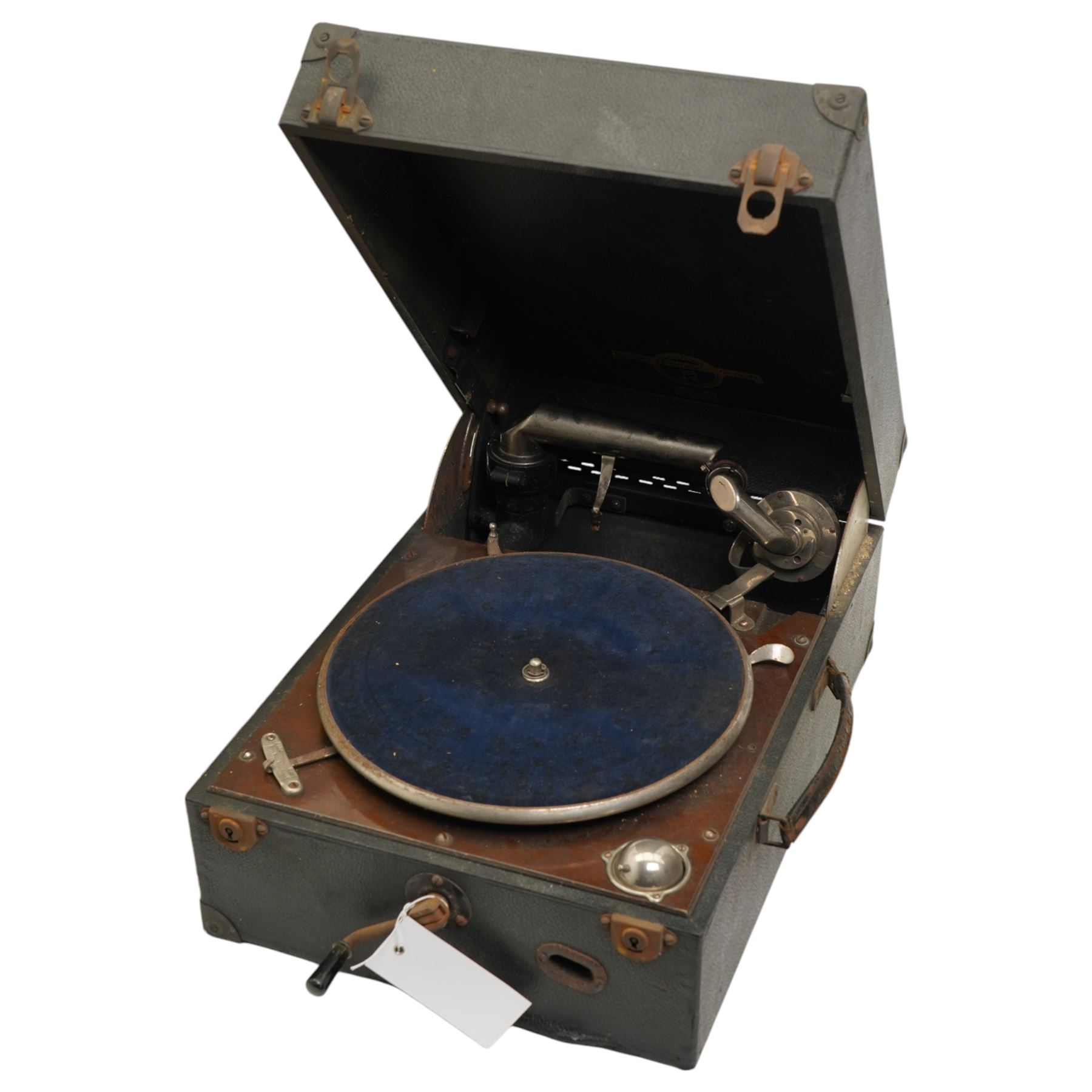 Columbia No.202 portable 'picnic' gramophone with integral winding handle and side carrying handle, L41cm; together with an Ormond art deco speaker and a quantity of mostly 78rpm records 