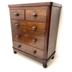 Victorian mahogany chest, two short and three long drawers, turned supports 