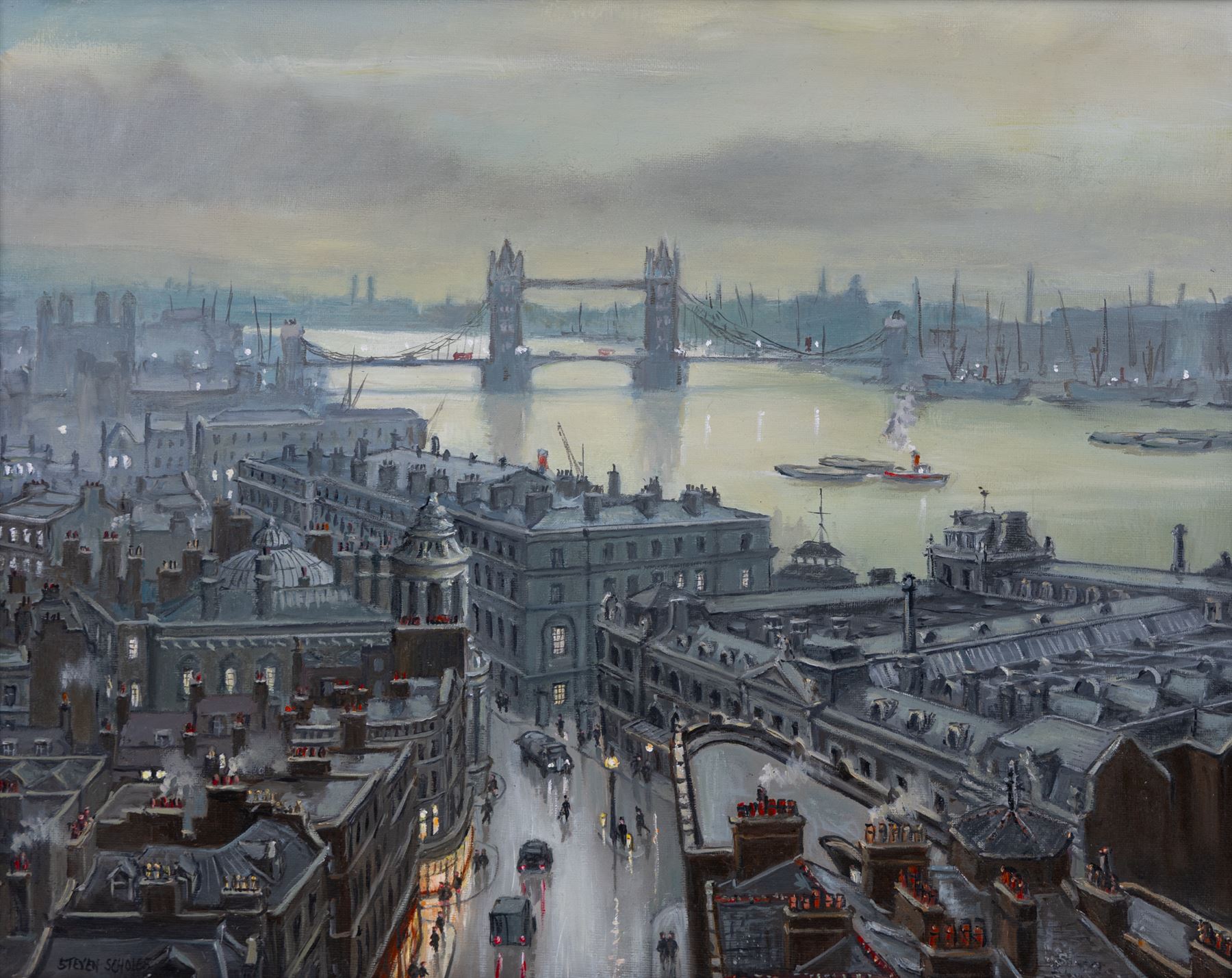Steven Scholes (Northern British 1952-): 'Tower Bridge and Billingsgate Fish Market - London 1958', oil on canvas signed, titled verso 38cm x 49cm