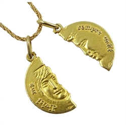 18ct gold moon love token on 18ct gold Singapore chain necklace, both stamped 750  