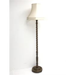*20th century oak barley twist standard lamp with shade, H145cm (measurement excluding shade and fitting)