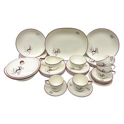 Crown Devon Stockholm patterned tea and dinner wares, to include, five teacups and saucers, milk jug, open sucrier, six dessert plates, six side plates, six dinner plates, serving platter, etc (42)