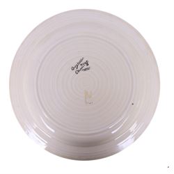 Clarice Cliff Viscaria patter coffee cup and saucer, hand painted with a stylised trees, together with Rhodanthe plate, with Bizarre and printed marks to base, plate D21cm