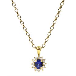 18ct gold oval sapphire and round brilliant cut diamond pendant, on 9ct gold link necklace, sapphire approx 0.40 carat 