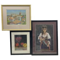 Three contemporary pastels, comprising: John A Birch (Whitby Contemporary): 'Overflowing' - Still Life of Fruit, signed titled and dated 2006 verso; Portrait of a Girl with Doll, and Rooftops (3)