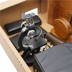 Aircraft clock in oak case, two microscopes and slides, opera glasses, two micrometers, cases of drawing instruments, box of named semi precious stone eggs etc