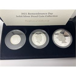 Queen Elizabeth II silver proof coins, comprising Solomon Islands 2020 '80th Anniversary of the Battle of Britain' five dollars, Isle of Man 2020 'VE Day silver proof sovereign', Bailiwick of Jersey 2020 'Charles Dickens' two pounds, Alderney 2021 'Remembrance Day' three coin set and Solomon Islands 2021 'UEFA Euro 2020' one dollar, all cased with certificates 